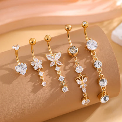 14G Gold Color Series Butterfly Dangled Belly Piercing Sets 5PCS/Lot Heart Flower Curved Navel Navel Ring Belly Button Rings 5pcs Gold Color