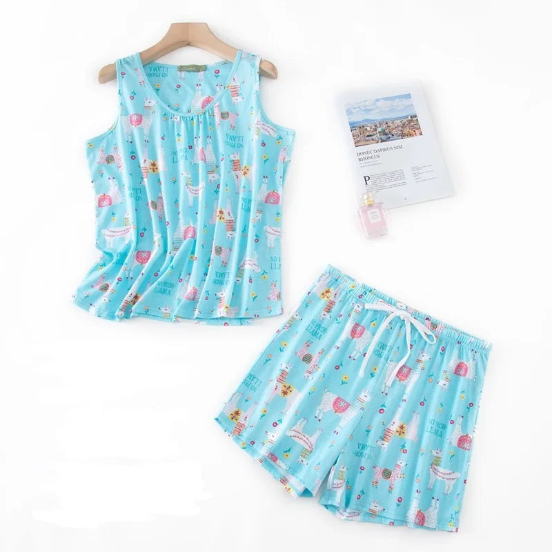 Hzioiys Summer Pajamas Sets Cotton Sleepwear Suit Women Casual Pajama Sets Cartoon Vest Shirt + Shorts Pajamas Suit Plus Size Blue