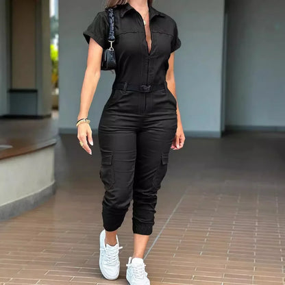 Sexy Women's Jumpsuit 2024 Summer New Fashion Zipper Workwear Short Sleeved Lapel Multi Pocket Waistband Bodysuit Pants Female