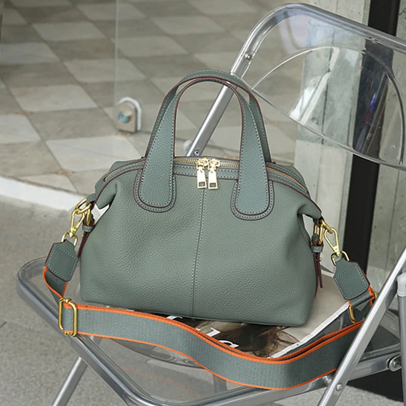 Toptrends Cowhide Genuine Leather Handbags For Women 2025 Luxury Designer Satchel Boston Office Ladies Shoulder Crossbody Bags Green