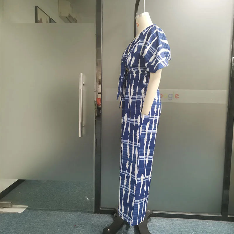 Wefads Women Jumpsuit Dolman Sleeves V Neck Lace Up Nipped Waist Printing Loose Wide Legs Casual Pants Romper High Streetwear Badiee Stylez