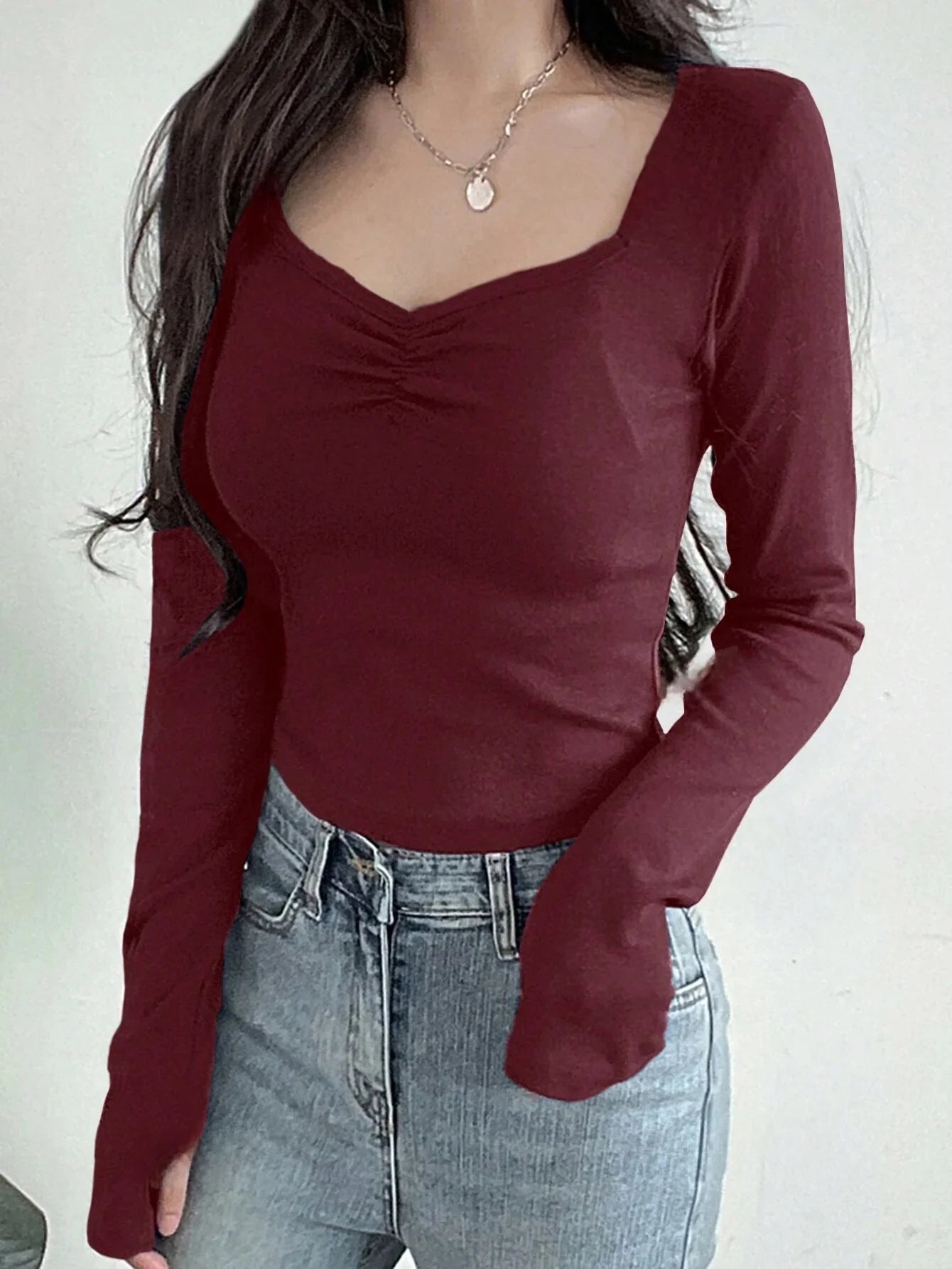 Women Long Sleeve Tops - Sexy Going Out Sweetheart V Neck Basic Shirts Tight Slim Fall Trendy Clothing