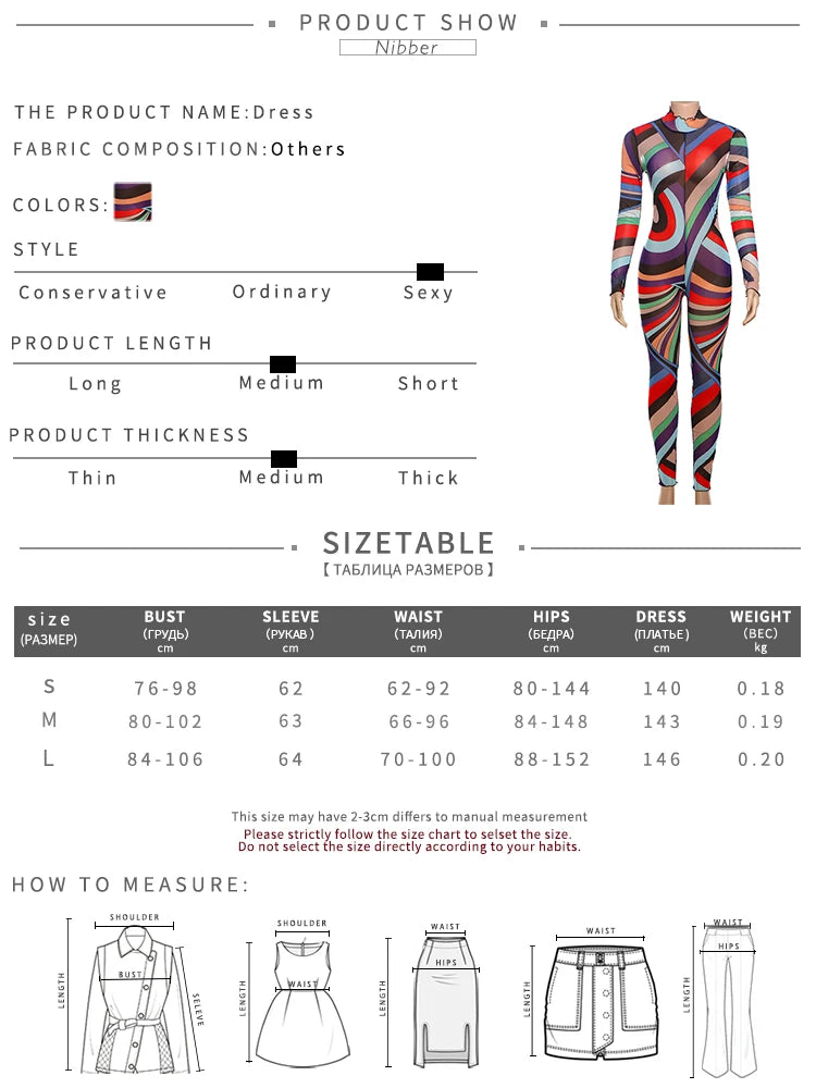 Nibber Sexy Colorful Print Jumpsuit Women Zip Y2K Full Sleeve O-Neck Turtleneck Autumn Trend Skinny Stretch Workout Overalls Badiee Stylez