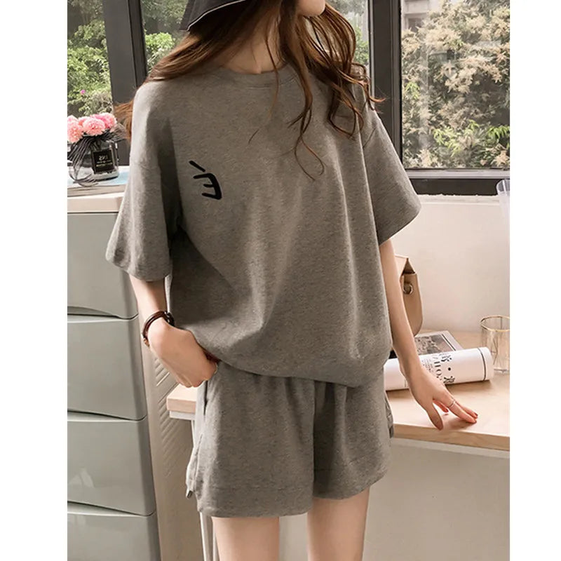 Red Two piece Cotton Women's Sportswear Set 2025 Summer New Round neck Short sleeved Top+Shorts Women Loose Casual Clothing grey