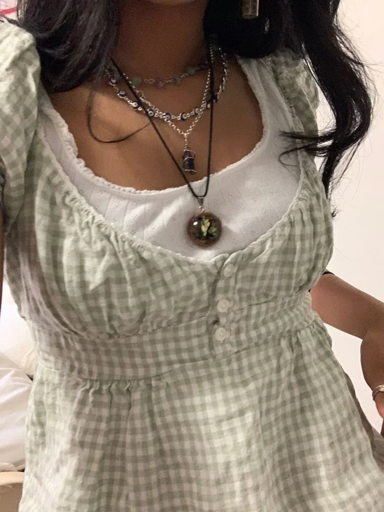 Womens Y2k Fairy Grunge Shirts Square Neck Short Sleeve Lace Patchwork Crop Top Vintage Aesthetic Clothes green