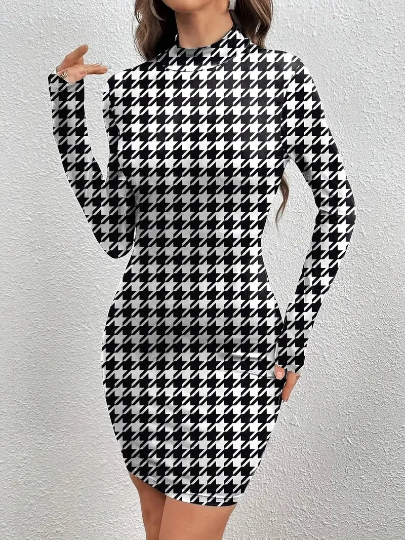 Women Fashion Stretch Knit Mini Dress Vintage High Neck Sleeveless Female Houndstooth Pattern Bodycon Dress Long Sleeve Dress Badiee Stylez
