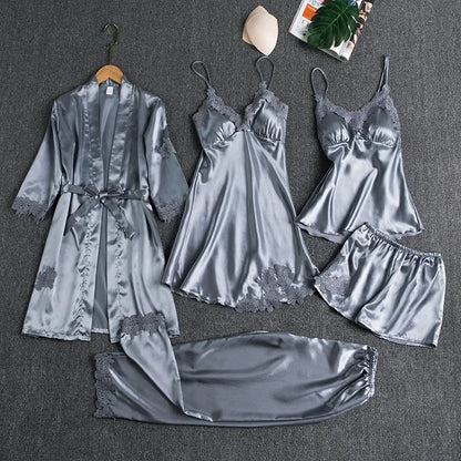 5PCS Women's Ice Silk Sexy Pajama Set Breathable Lace Satin Pajama Bathrobe Five Piece Set Casual Home Clothes Spring and Summer GRAY