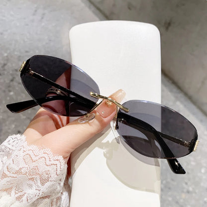 Retro Frameless Oval Concave Design Y2k Personalized Sunglasses Trendy Uv Resistant Street Photography Sunglasses 90275 Black