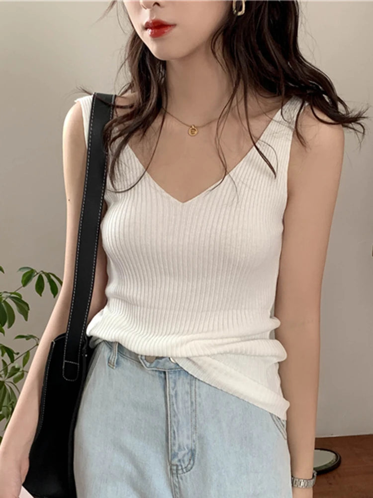 Solid Color Basic Women's Vest Tank Top Solid Color Knitted Tees Top Cropped Top Camisole Sweater V-neck Summer Sleeveless WHITE One Size