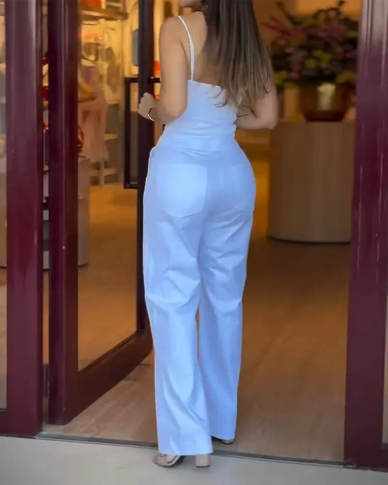 Women's Fashionable High-waist Jumpsuit Office Sexy Zipper Jumpsuit Summer Casual Commuting Solid Color Long Suspender Jumpsuit Badiee Stylez