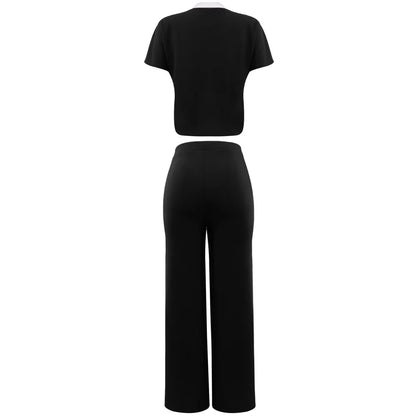 Elegant Women's Casual Short Sleeve T-shirt Sports Suit Summer Fashion Solid V Neck Short Top & Straight Pants Two Piece Sets