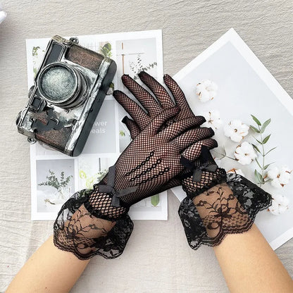 Girls Lolita Lace Hollow Out Gloves Women Ceremony Etiquette Mesh Thin Mittens Gothic Punk Sexy Glove Black White Soft Elastic Style 03 Black One Size