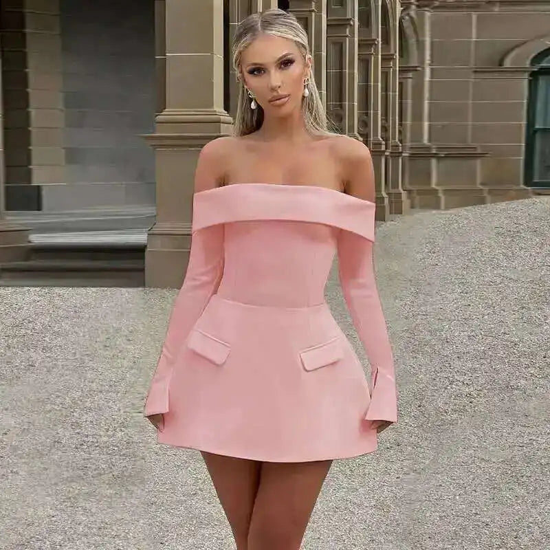 Townlike Lace Patchwork Waist Wrap A-line Dress Women Mini 2024 Autumn Winter Dress Backless Nightclub Sexy Party Dresses 24276pink