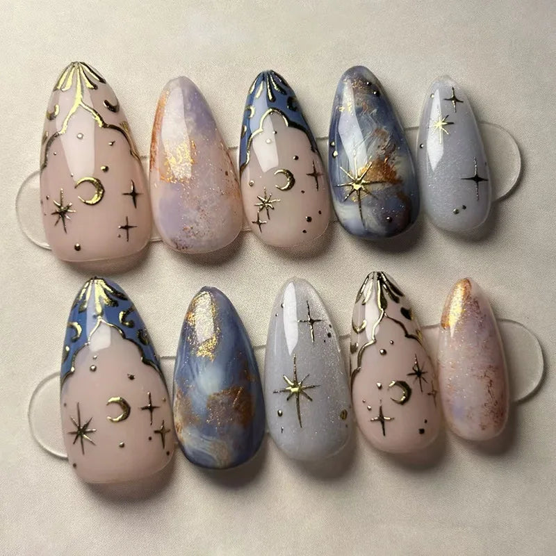 24pcs Romantic Y2k Star Press On Nails Gradient Blue French Style Gold Moon Designs Fake Nail Sweet Almond False Nails For Women Y32