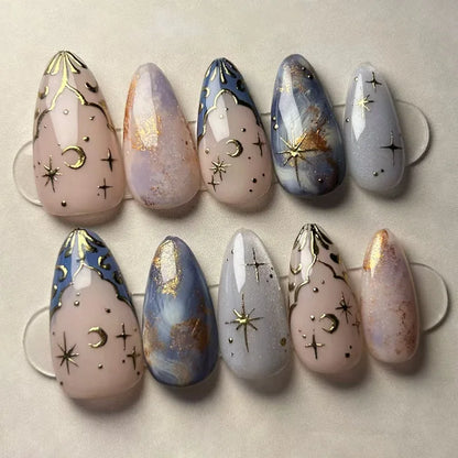24pcs Romantic Y2k Star Press On Nails Gradient Blue French Style Gold Moon Designs Fake Nail Sweet Almond False Nails For Women Y32