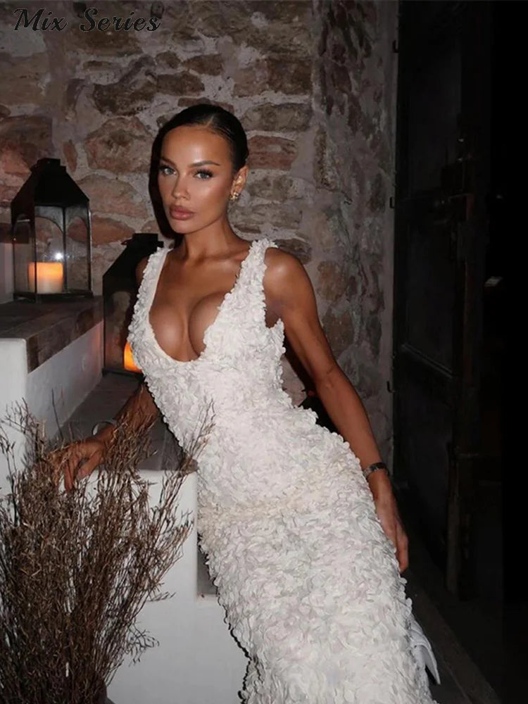 Sexy 3D Flower Deep V-neck Dress Women Slim Sleeveless Backless Split Hip Package Midi Dresses 2025 Spring Ladies New Vestidos