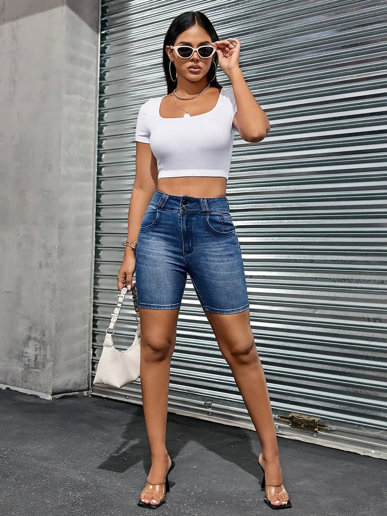 Women's jeans high waist slim fit all-match double button Denim shorts