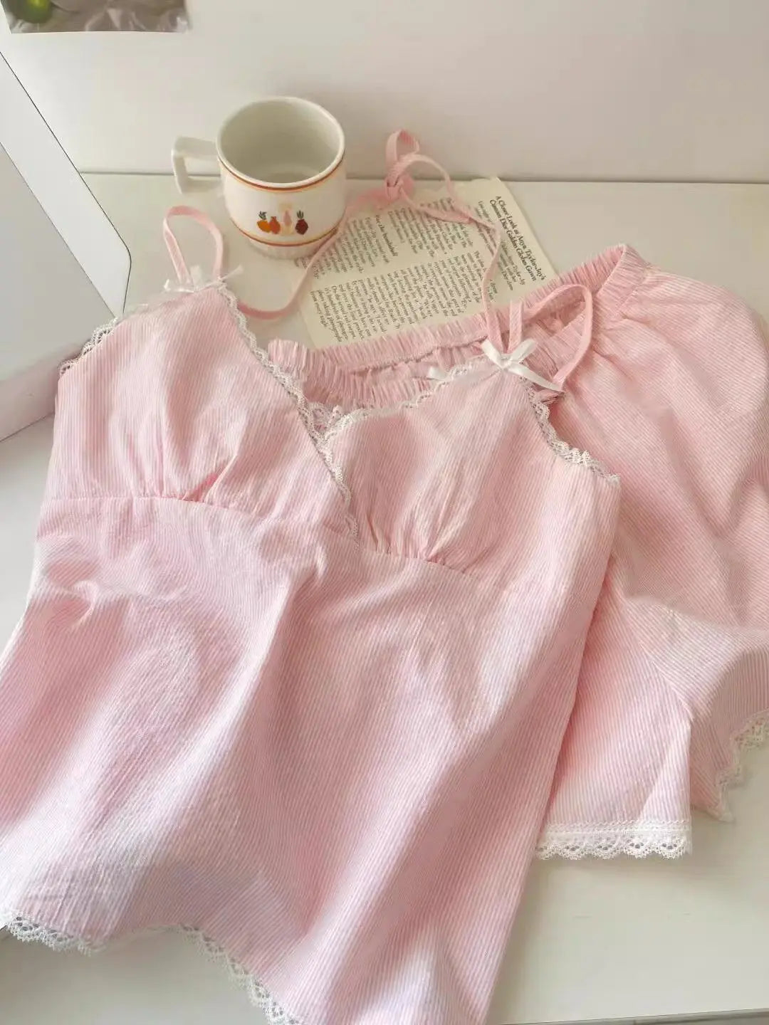 Lace Sleepwear Women Pajama Sets Striped Korean Piiama Summer Shorts Sets 2 Pieces Spaghetti Strap Night Wears Pink Home Suit