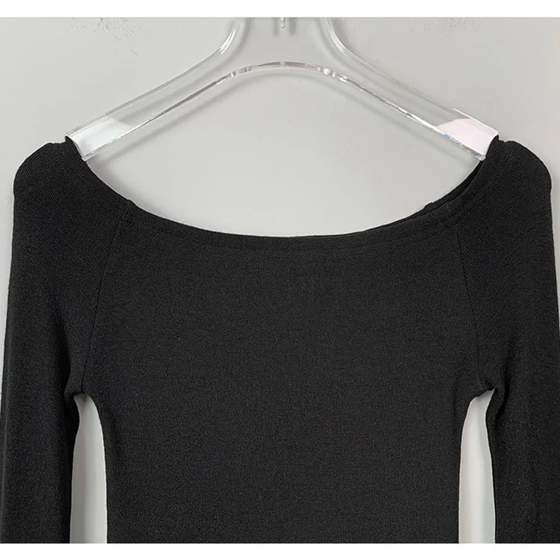 Sexy Slash Neck T Shirt Women Cotton Long Sleeves Cropped Tee Shirt Femme Slim T-shirt Female Black White Tops 2024