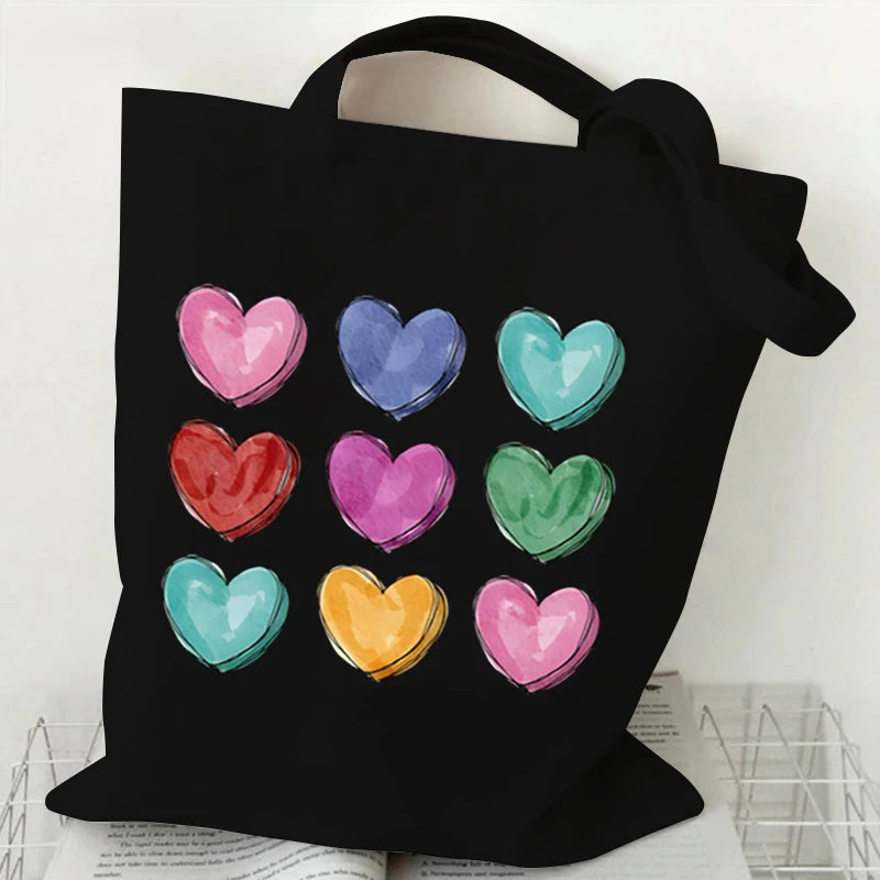 Fashion Love Heart Print Ladies Canvas Tote Casual Shoulder Bag Eco Large Capacity Portable Travel Shopping Bag Purses Handbags 2