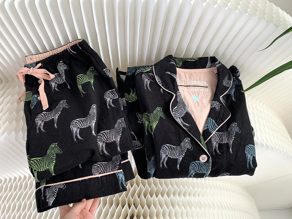 Women's Winter Pyjama Suit Print Long Sleeve Turn Down Collar Female Clothes 100% Cotton Single Breasted Sleepwear for Female