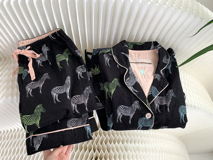 Women's Winter Pyjama Suit Print Long Sleeve Turn Down Collar Female Clothes 100% Cotton Single Breasted Sleepwear for Female