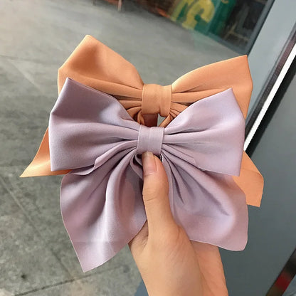 Solid Color Satin Bowknot Hair Clips For Girls Sweet Bow Women Hairpins Butterfly Barrettes Duckbill Clip Kids Hair Accessories 2pcs-Orange Purple