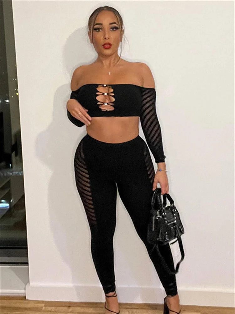 Simenual Baddie Fashion Mesh Tansparent Two Piece Sets Hotsweet Sexy Hollow Out Crop Tops Skinny Pants High Elastic Co Ord Suits
