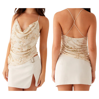 Combhasaki Women Summer Sleeveless Beading Camis Top V-neck Tie-up Cross Backless Pearl Glitter Sequin Flower Embroideried Vest Draped Khaki