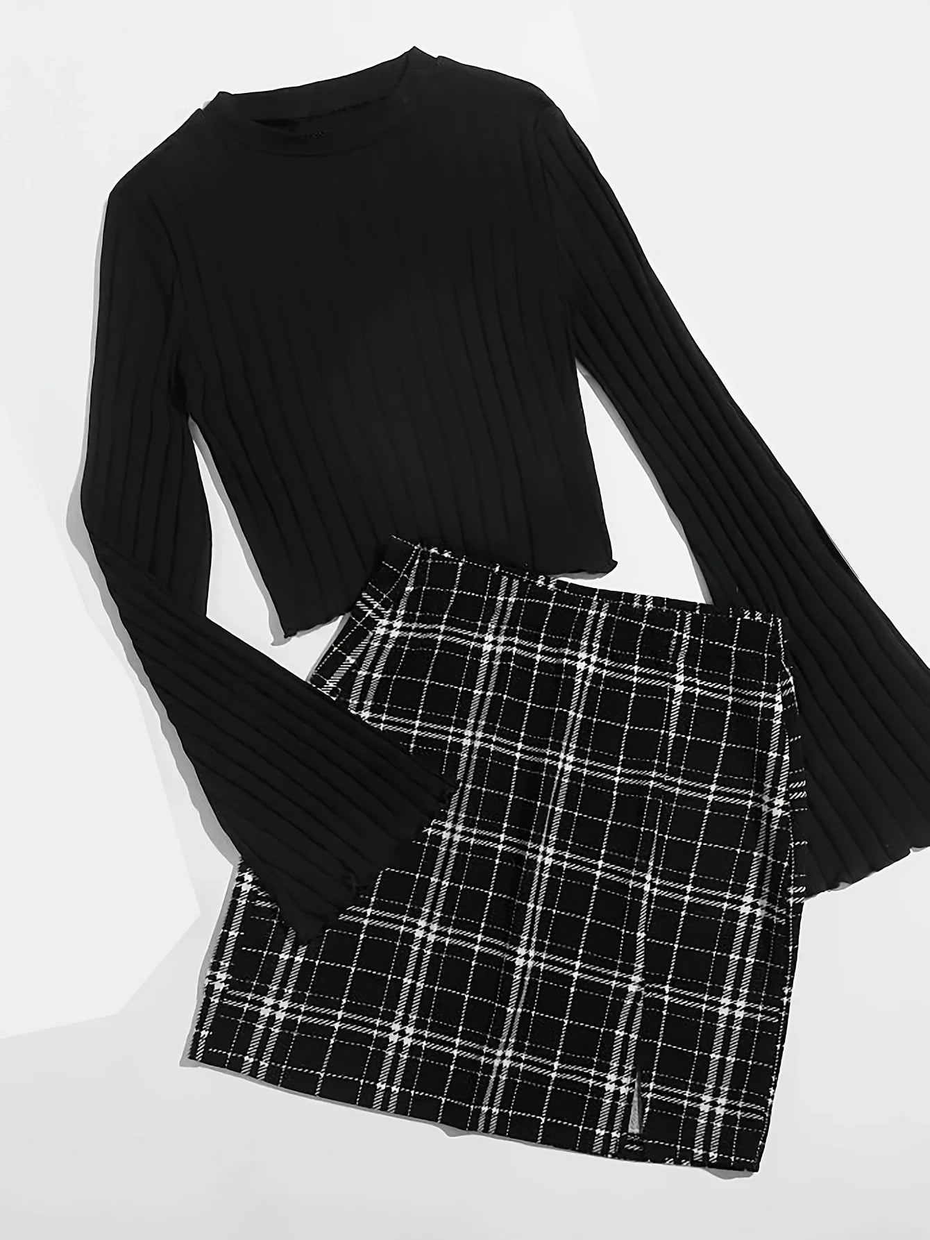 Casual Colorblock Two-piece Skirt Set Ribbed Crew Neck Long Sleeve Top & Plaid Skirts Women's Clothing Badiee Stylez