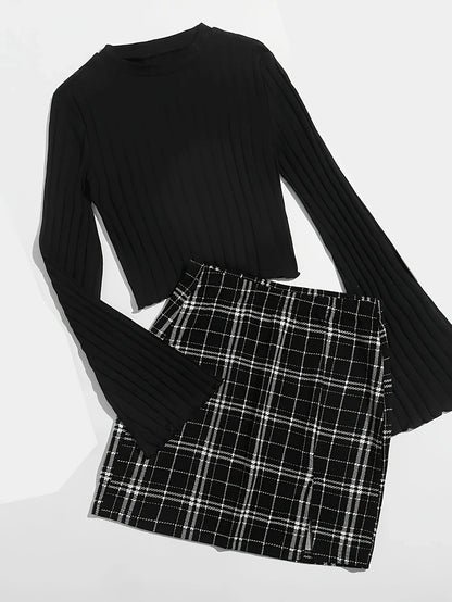 Casual Colorblock Two-piece Skirt Set Ribbed Crew Neck Long Sleeve Top & Plaid Skirts Women's Clothing Badiee Stylez