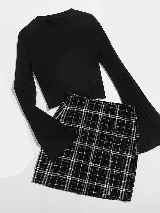 Casual Colorblock Two-piece Skirt Set Ribbed Crew Neck Long Sleeve Top & Plaid Skirts Women's Clothing Badiee Stylez