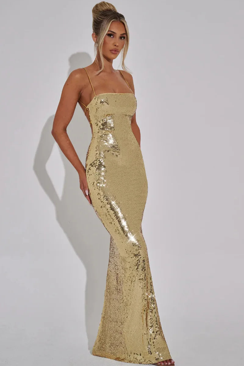 Sexy Sequin Backless Bandage Long Dress Women's Shiny Sleeveless Luxury Silver Dresses Evening Prom Party Birthday Gold Cocktail