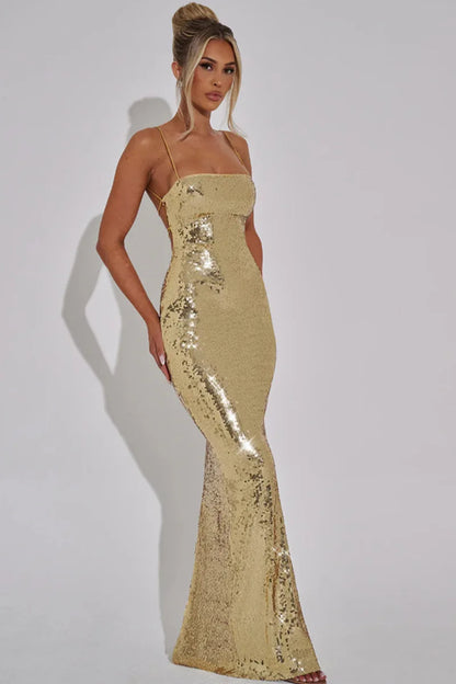 Sexy Sequin Backless Bandage Long Dress Women's Shiny Sleeveless Luxury Silver Dresses Evening Prom Party Birthday Gold Cocktail