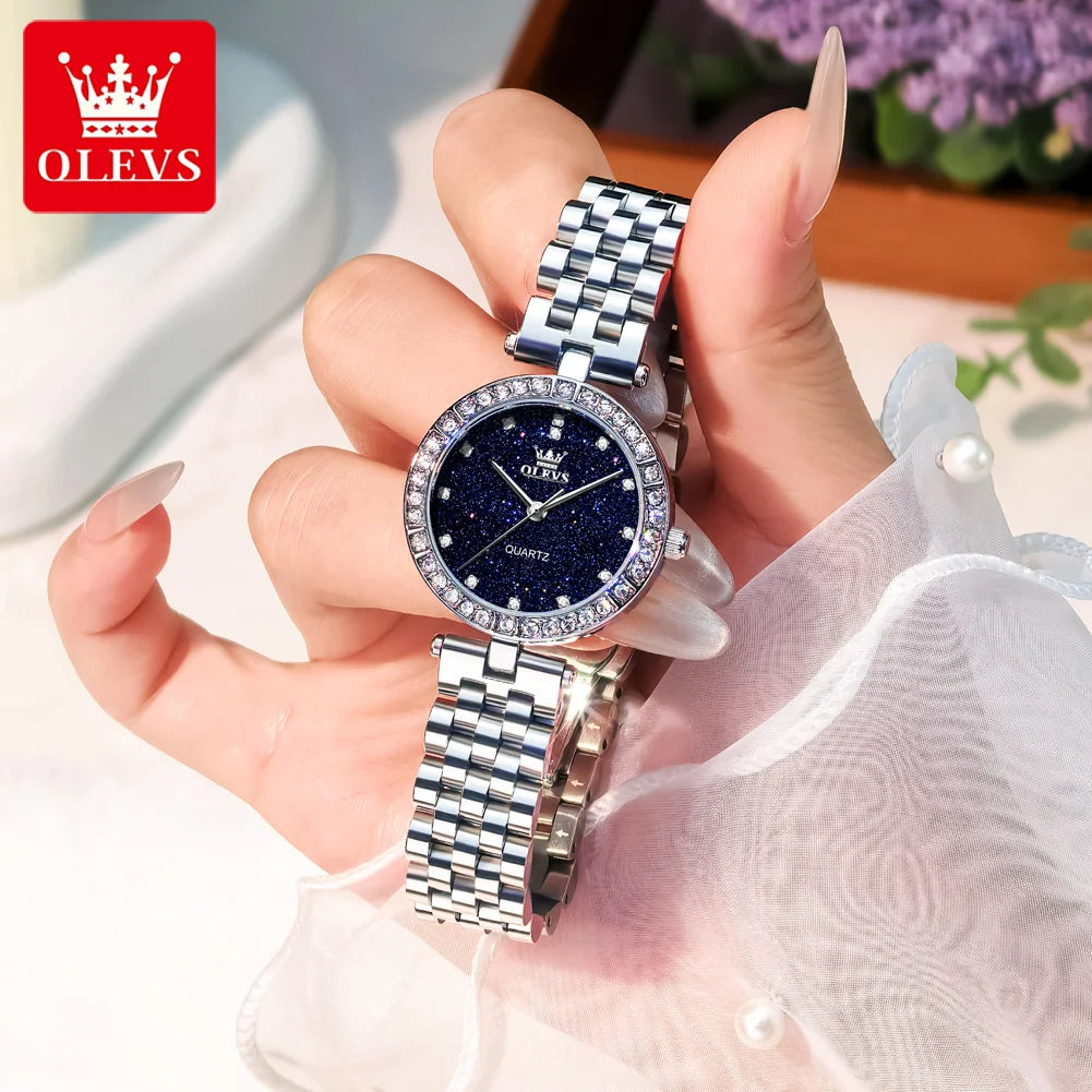 OLEVS 3641 Womens Watch Original Elegant Quartz Watch Waterproof Luminous Stainless Steel Starry Dial Ladies Watch With Box Gift