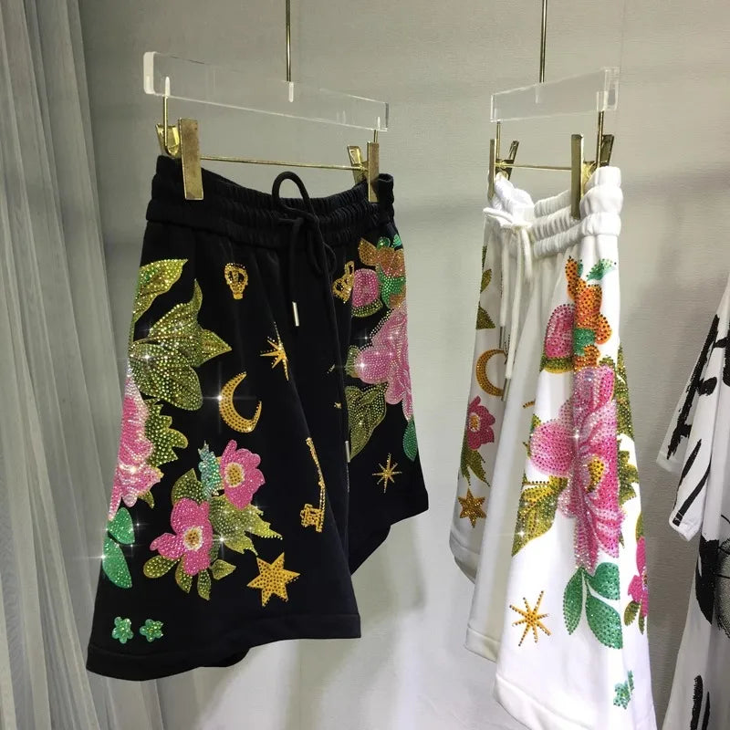 Oversized rhinestone diamond high-waisted black adjustable waist wide leg slacks Women's shorts black