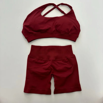 No Logo Yoga Asymmetric Gym Set Women Seamless Yoga Set Workout Shorts Sets Halter Sports Bra Scrunch Bum Shorts Fitness Clothes Badiee Stylez