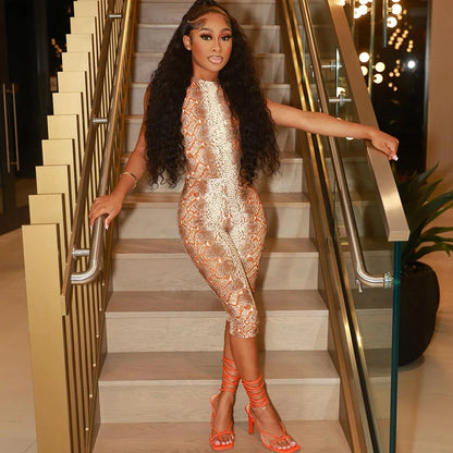 CUTENOVA Women'S Full-Body Printed Hanging Neck Tie Backless Skinny Five Points Jumpsuit Simple Casual Sexy Street Jumpsuit Snake Print