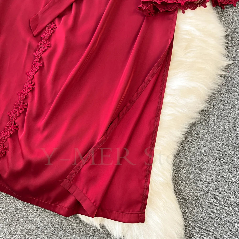 Sexy Embroider Edge Lady Kimono Bathrobe Dress Gown Mesh Sleeve Wedding Long Robe Sleepwear Loose Silk Satin Nightwear Lingerie