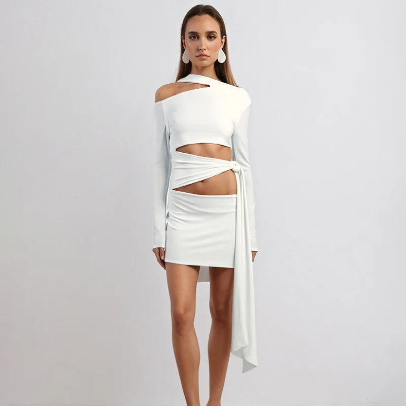 Nsauye Women New Fashion Halter Long Sleeve Mini Hollow Out Irregular Dress Outfits Elegant Sexy Night Club Lace Up Party Dress