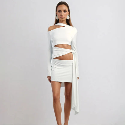 Nsauye Women New Fashion Halter Long Sleeve Mini Hollow Out Irregular Dress Outfits Elegant Sexy Night Club Lace Up Party Dress