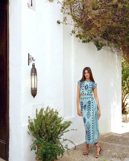 Elegant Women's Retro Printed Sleeveless Half High Neck Short Top With Vacation Style Two-piece Vestidos For Spring/summer 2024