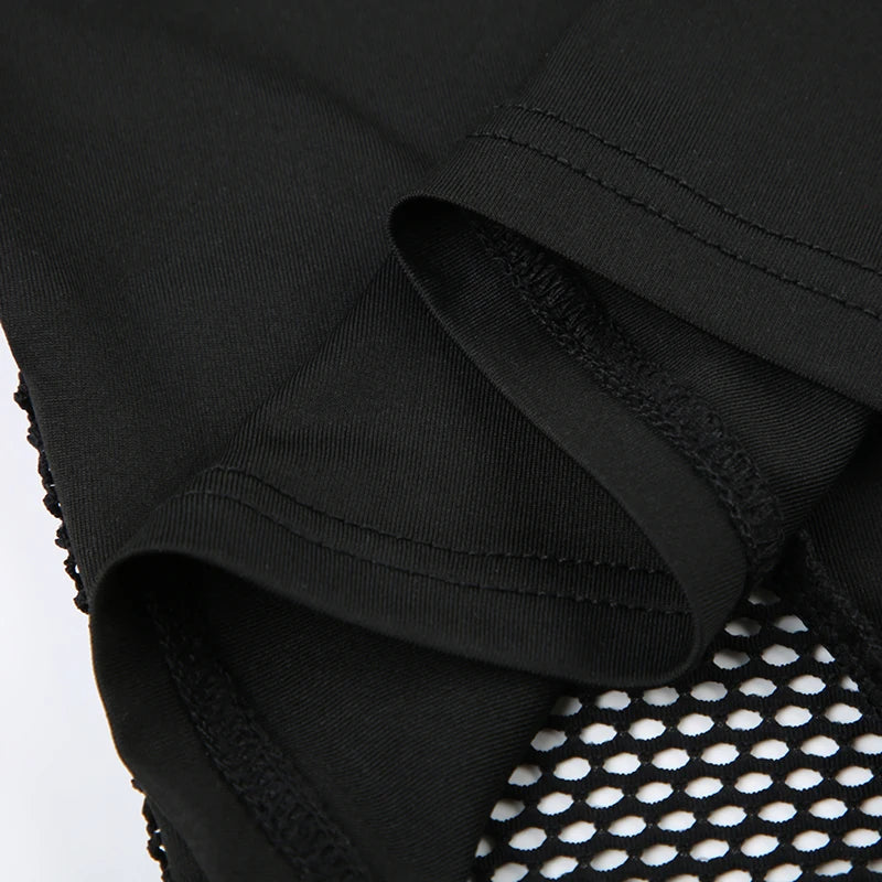 CIBBAR Gothic Black Crop Top Chic See Through Mesh Patchwork Full Sleeve Skinny Basic T-shirt Women Punk Style Stitched T Shirts