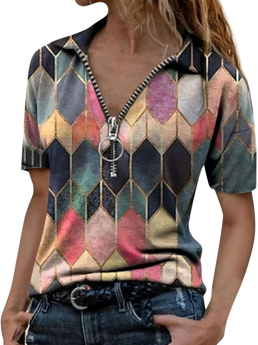 Versatile All-Season Women's Polo Shirt- Easy-Care,Stretch Comfort with Stylish Zip and Geometric Design for Everyday Casual Wea Red