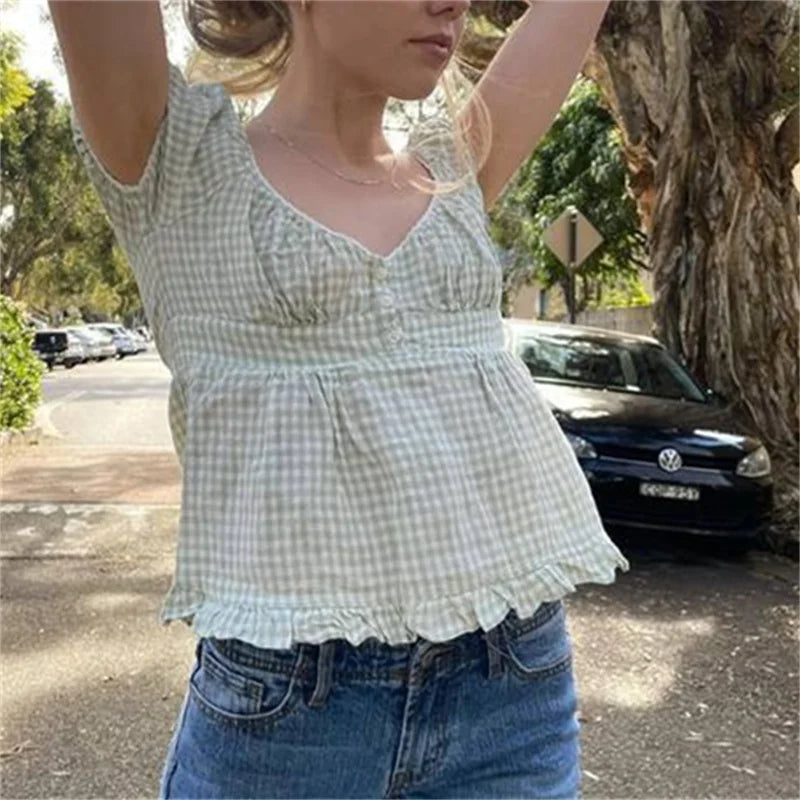 Womens Y2k Fairy Grunge Shirts Square Neck Short Sleeve Lace Patchwork Crop Top Vintage Aesthetic Clothes