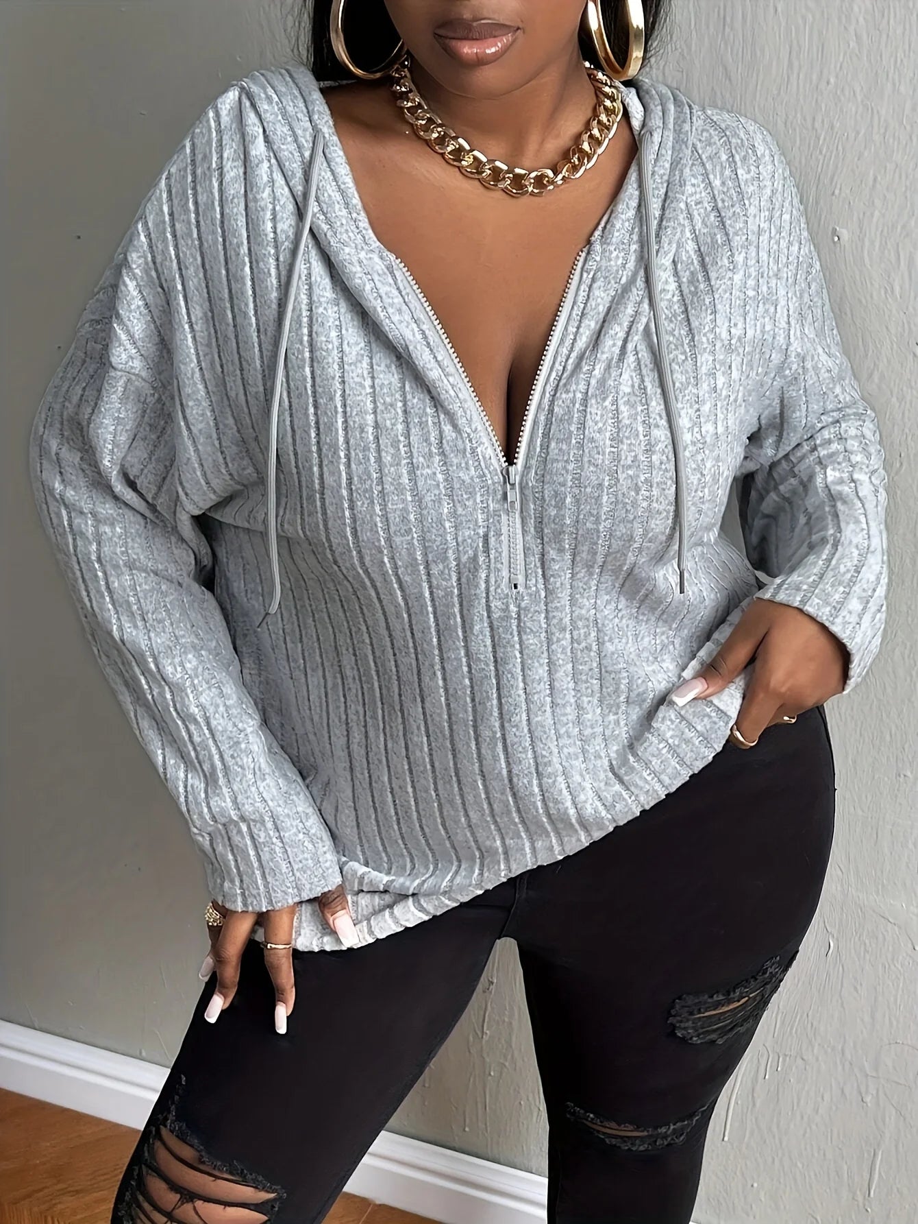 Plus size European and American cross-border autumn and winter new casual solid color half zipper hooded sweatshirt GRAY