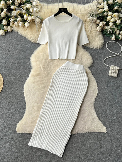 SINGREINY Casual Two Piece Sets Women Summer O Neck Top Elastic Waist Long Skirt Fashion Office Lady Korean Knit Suit white One Size