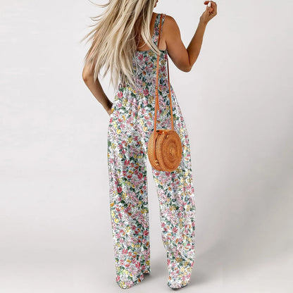 Women'S Suspender Jumpsuits Fashion Trend Pleated Shoulder Straps Printed Pocket Loose Wide Leg Jumpsuits Daily Casual All-Match