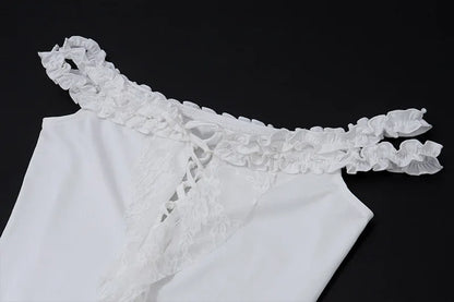 Hollow Out Lace Crop Top Women Sexy Off Shoulder Bodycon Bandage Slim Tank Tops Ladies 2024 Folds Lace-up T-shirts Femme