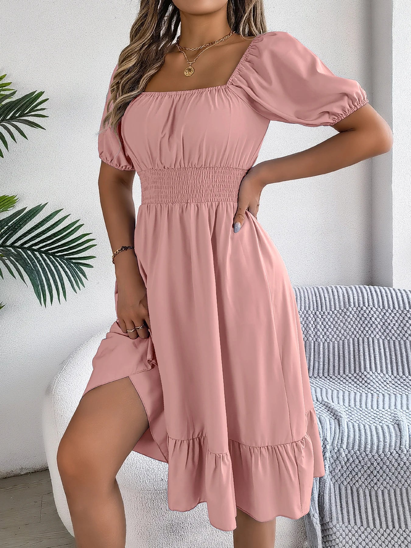 Spring and Summer Elegant High Waisted Dress Square Neck Short Sleeved Ruffled Edge Long Dresses for Women Badiee Stylez